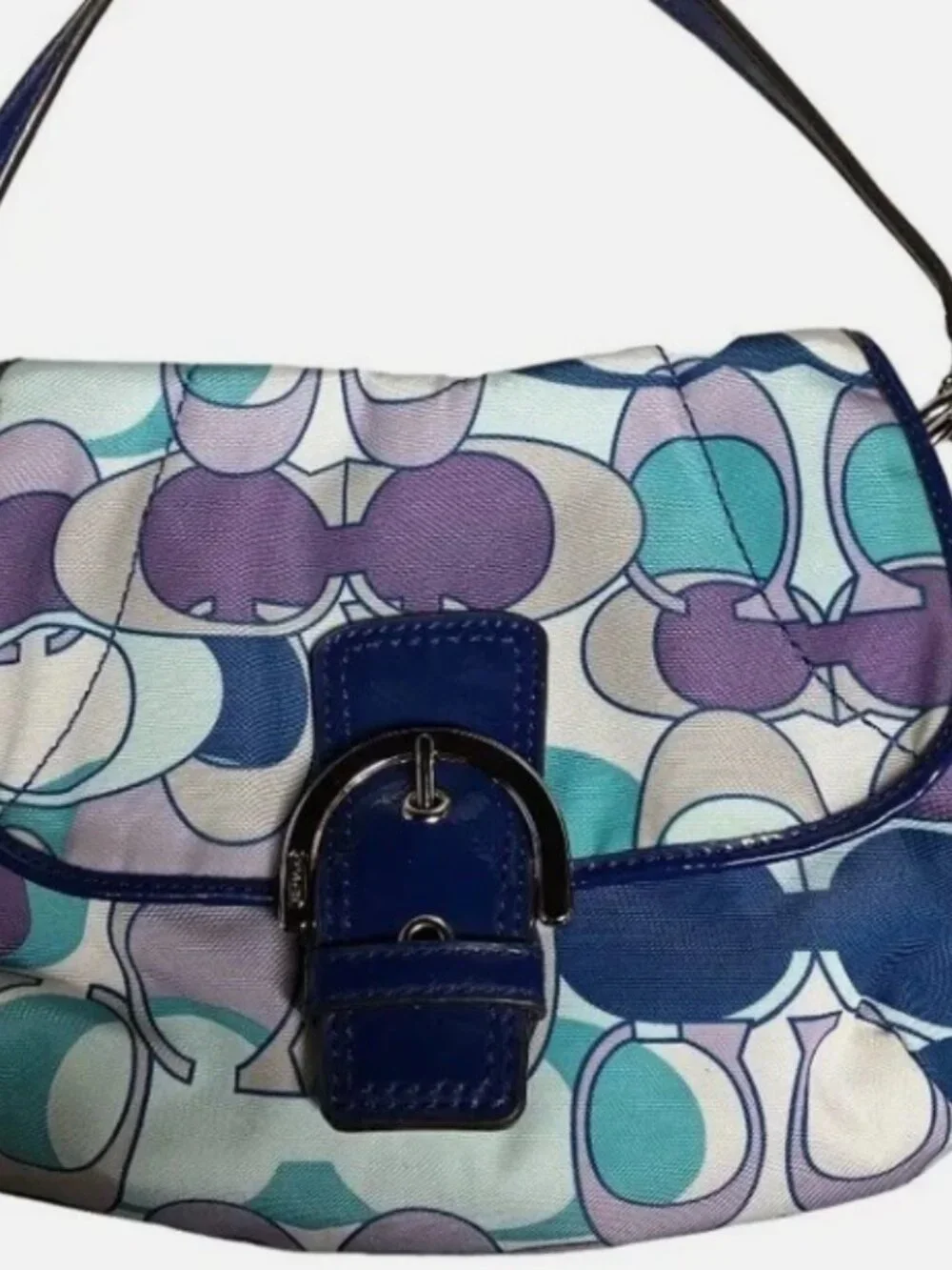 COACH MULTI COLOR BLUE PURPLE SIGNATUR SCARF KYRA CROSSBODY PURSE 8”x6” DUST JAC